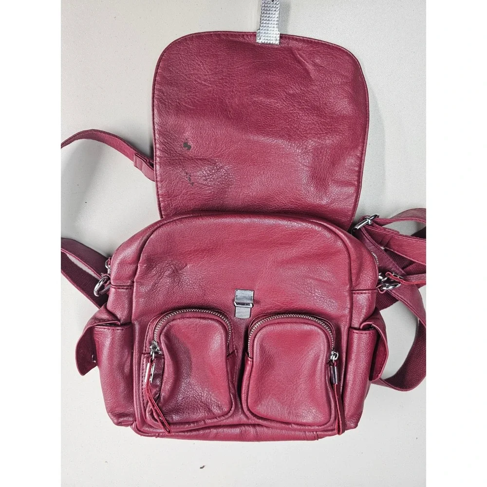Burgundy Faux Leather Utility Backpack Silver Hardware Pebbled Wine Red